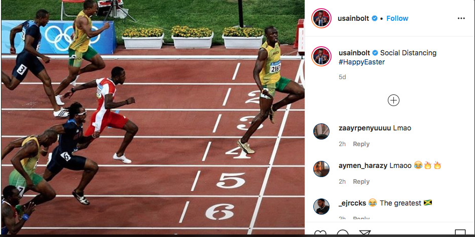 Bolt goes viral with cheeky 'social distancing' Olympic photo