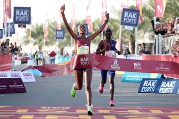 Ababel Yeshaneh from Ethiopian runs the fastest time ever for the half marathon at Ras Al Khaimah beating Brigid Kosgei 