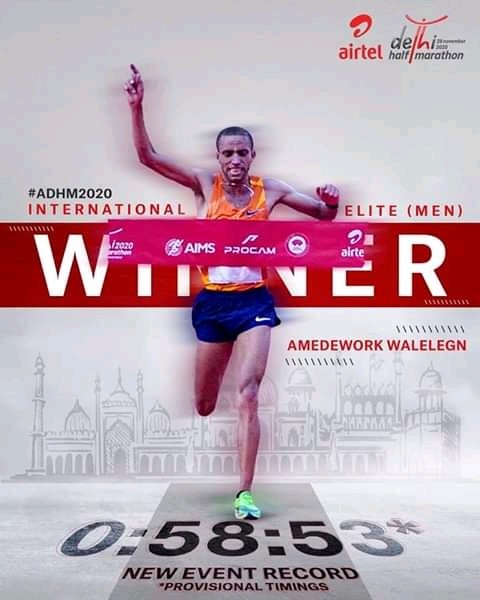 Walelegn breaks course Record Time for 2020 Airtel Delhi Half Marathon.