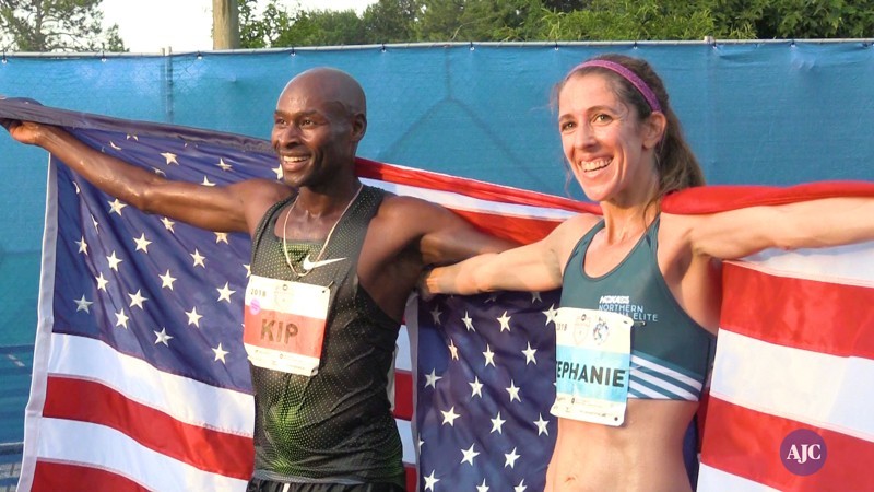 Stephanie Bruce wins the women's elite at the AJC Peachtree Road race 